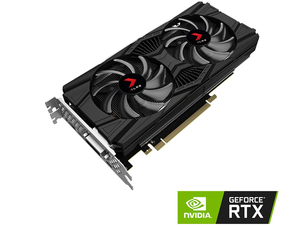 PNY GeForce RTX 2070 dual-slot graphics card in black with dual fans and metal backplate