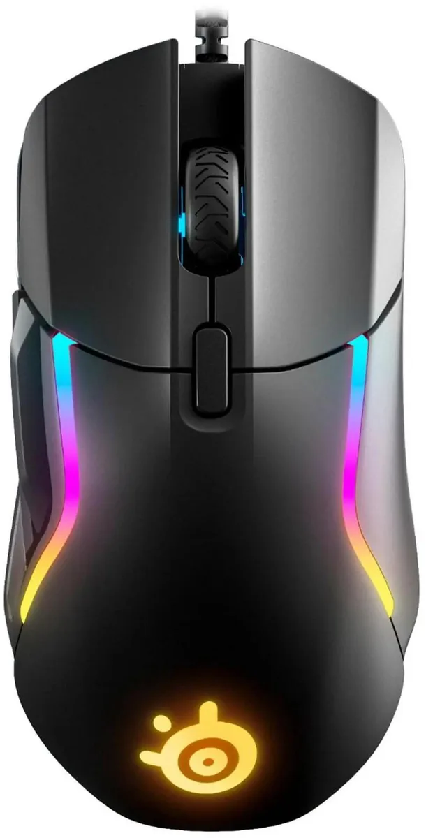 Black right-handed wired gaming mouse, matte finish, nine buttons, braided cable