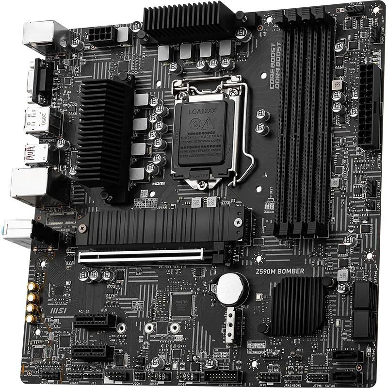 Green Micro ATX motherboard with black heatsinks and reinforced PCIe slot
