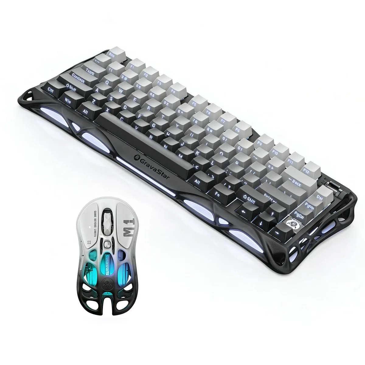 A skeletal magnesium mouse and aluminium keyboard in gradient black finish