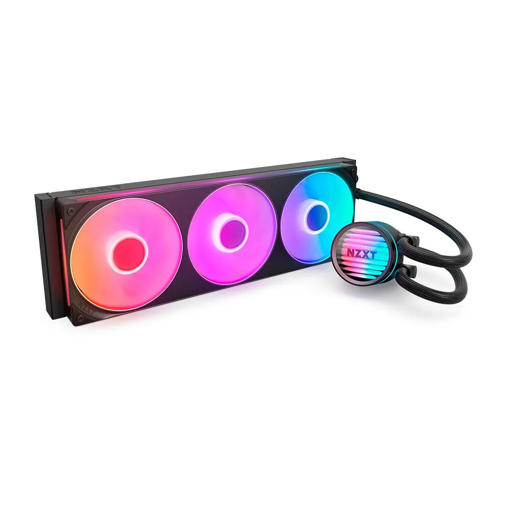 Black 360 mm radiator with three 120 mm RGB fans in a single frame and a black pump head