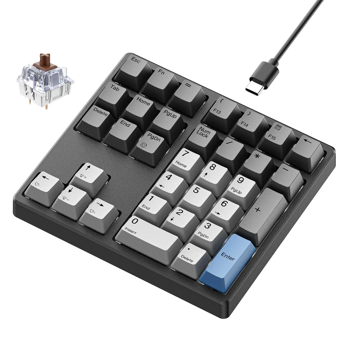 Black compact 34-key mechanical number pad with white backlighting and tactile brown switches