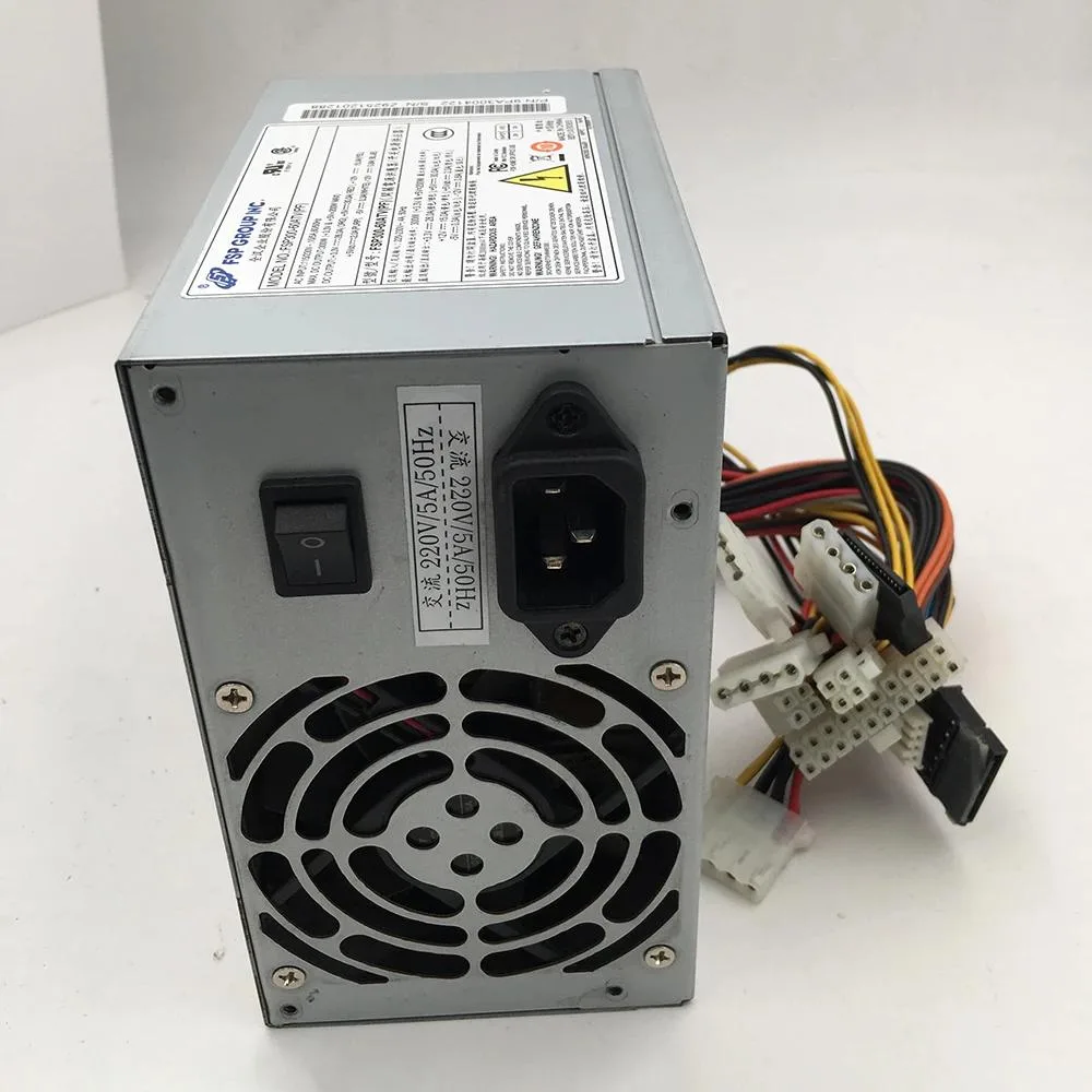 Rectangular ATX power supply unit with metal casing and rear fan grille