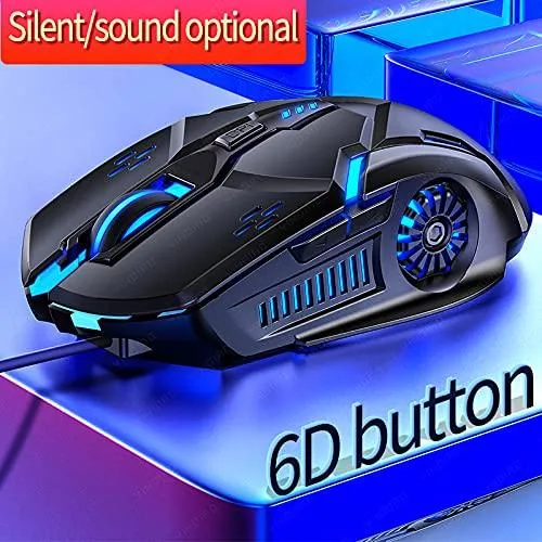 Black wired gaming mouse with six buttons and multicolour LED lighting