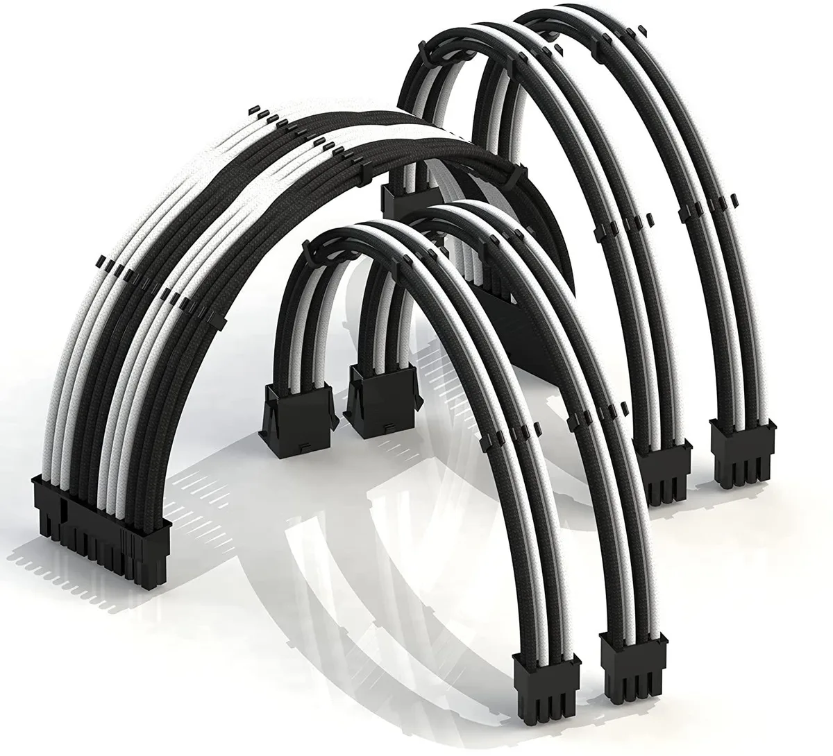 White and black braided PSU cable extension kit with 24-pin, dual CPU and dual GPU connectors, 30cm length, includes cable combs
