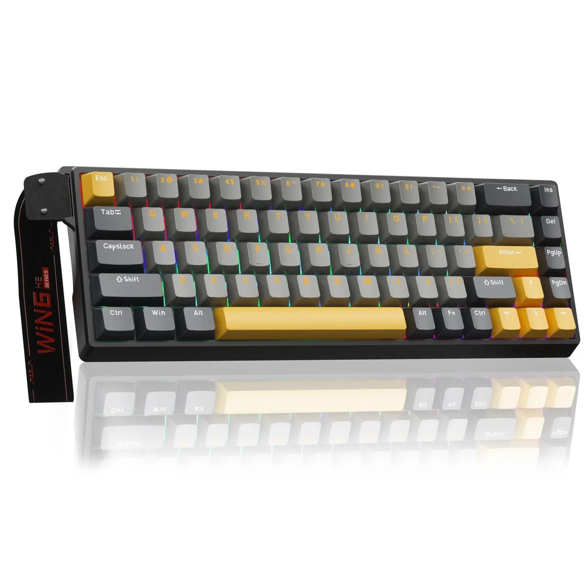 Compact 60% keyboard in grey and yellow plastic with RGB backlighting and USB-C cable