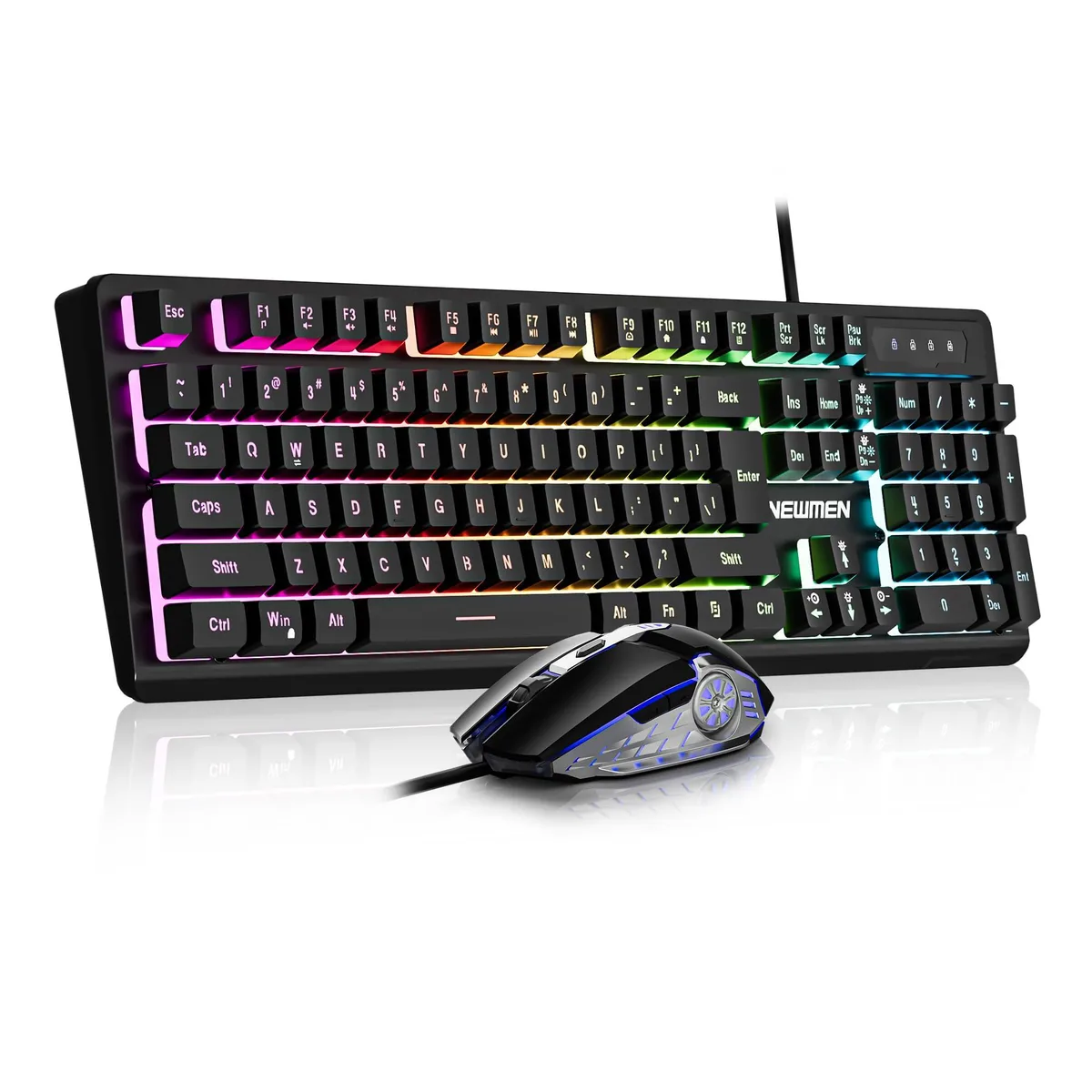 Black 104-key wired keyboard with RGB backlighting and matching breathing-light mouse