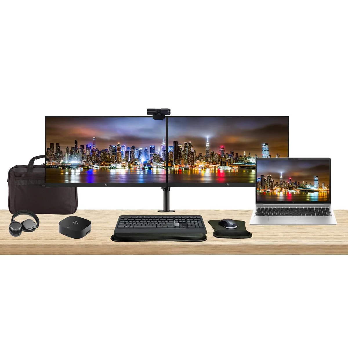 Silver HP ProBook 455 G10 laptop with dual 24 inch monitors on adjustable stand, USB-C dock, wireless keyboard mouse, webcam