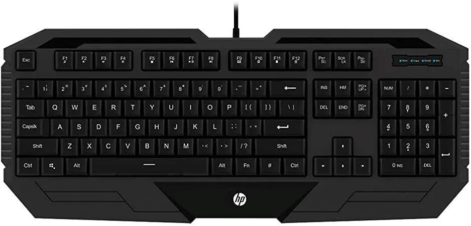 Black full-size HP K130 gaming keyboard with integrated palm rest and LED lighting