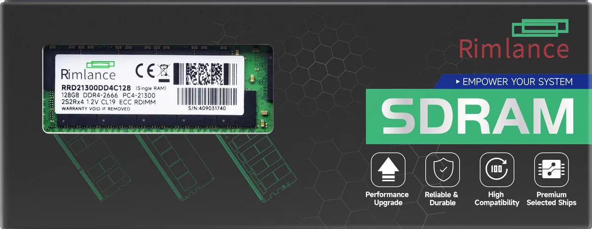 Green rectangular DDR4 RDIMM module with gold edge contacts and black chips