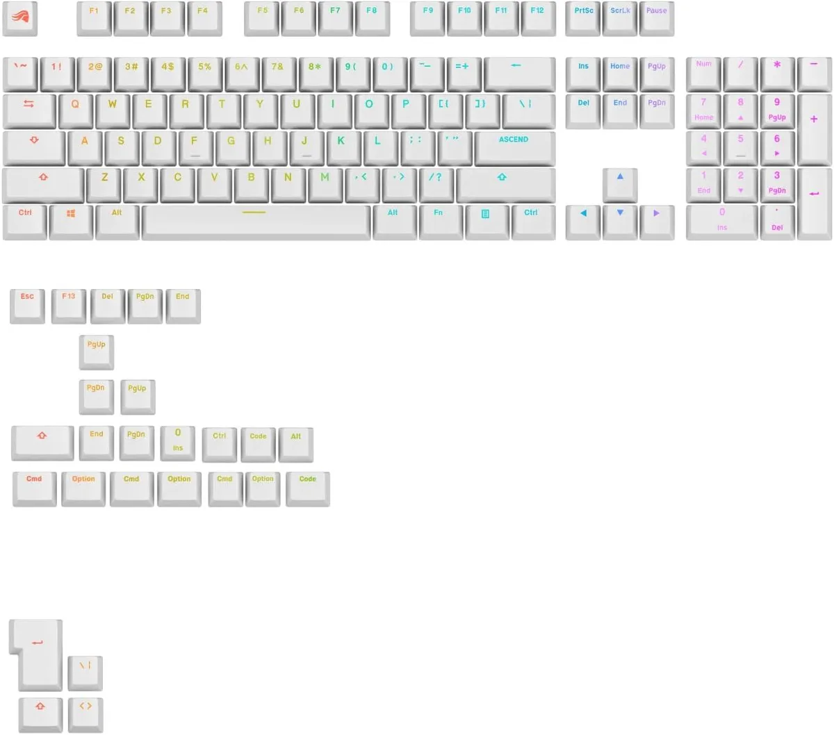 White doubleshot PBT keycap set with translucent legends for 75% layout