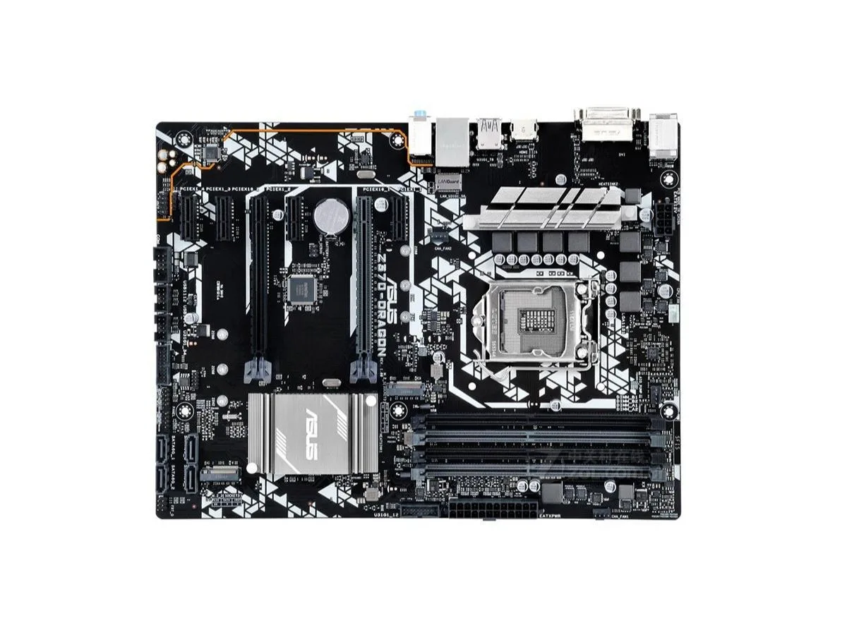 Black ATX motherboard with silver heatsinks and LGA 1151 socket