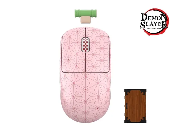 Pink ultra-lightweight symmetrical wireless gaming mouse with Demon Slayer Nezuko theme and bamboo plug
