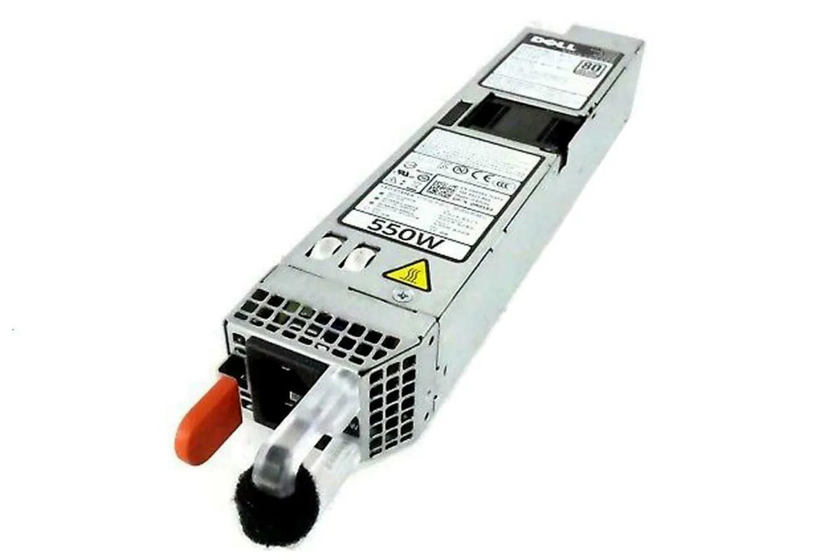 Silver rectangular server power supply unit with rear exhaust grille and release lever