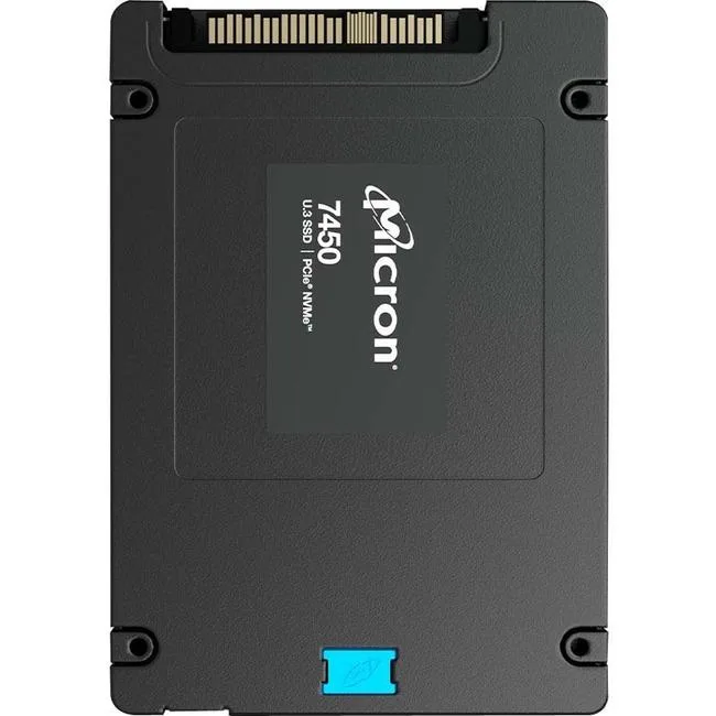 Green rectangular 2.5 inch PCIe NVMe 4.0 enterprise SSD with label