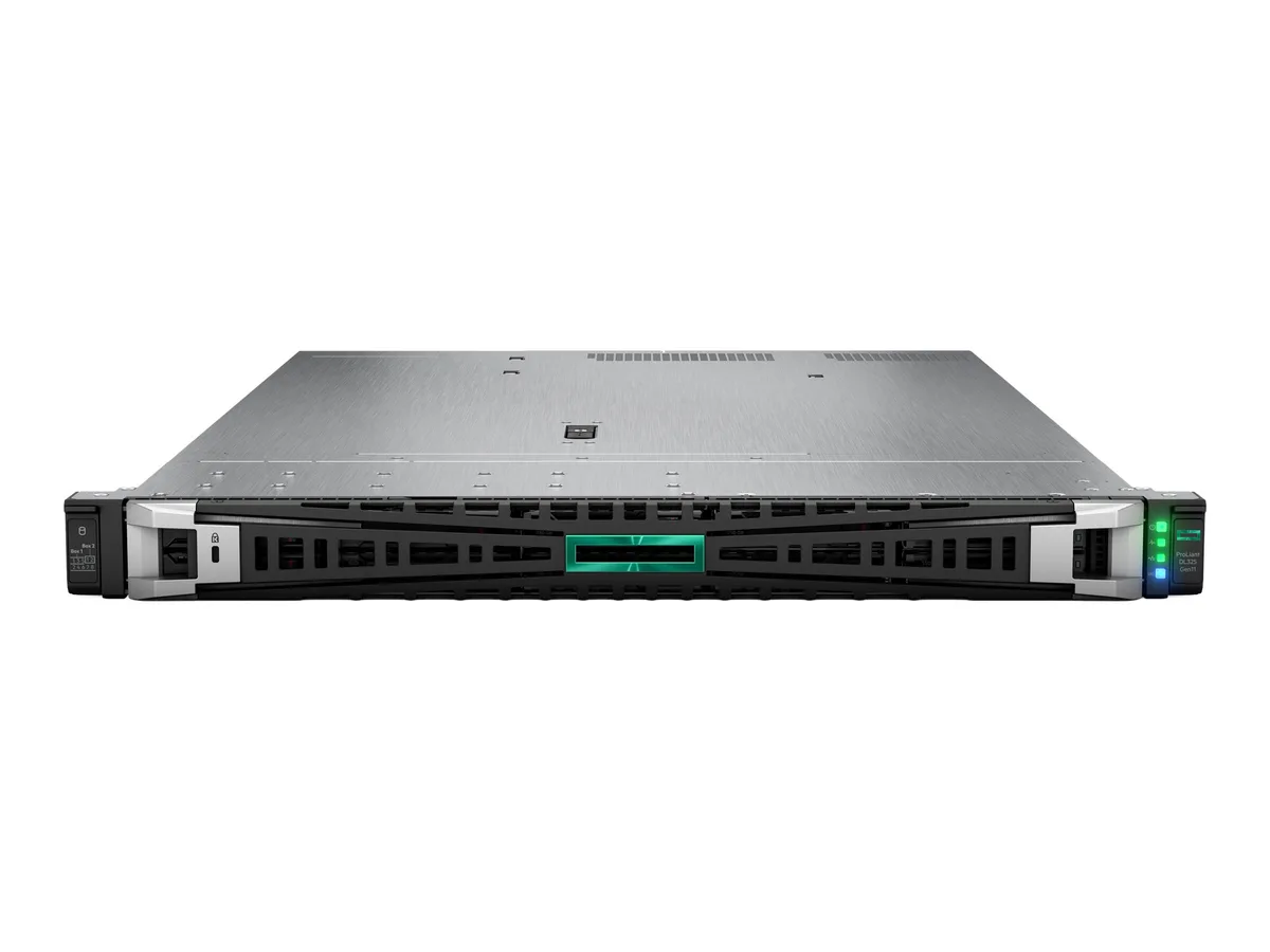 Silver 1U rack server front with two power supplies and seven fans