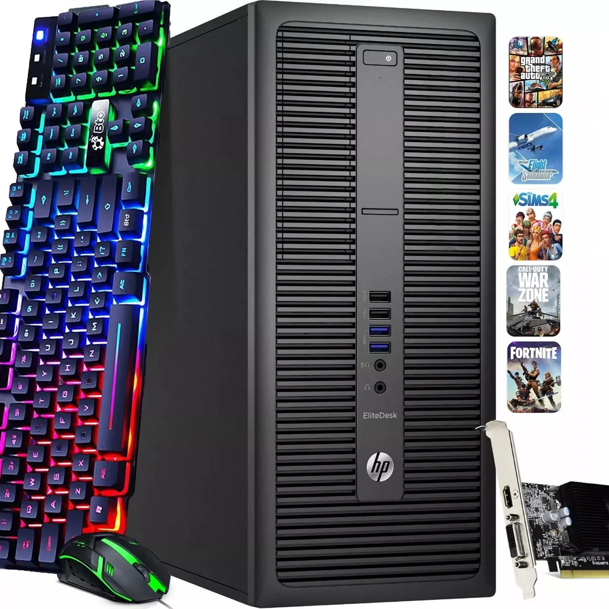 Black HP 800 G2 tower desktop with RGB keyboard and mouse
