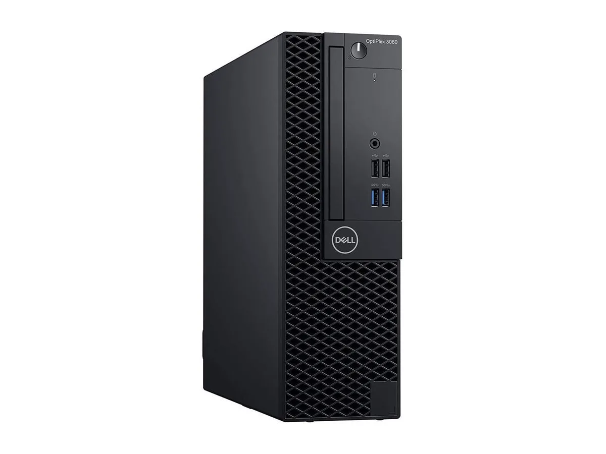 Small black desktop tower, slim form factor, matte finish, front USB ports and audio jack visible