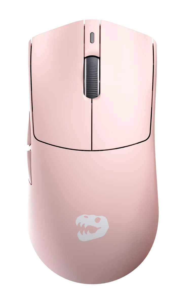 Pink wireless gaming mouse, low-profile symmetrical shape, matte finish, six buttons, USB-C cable included
