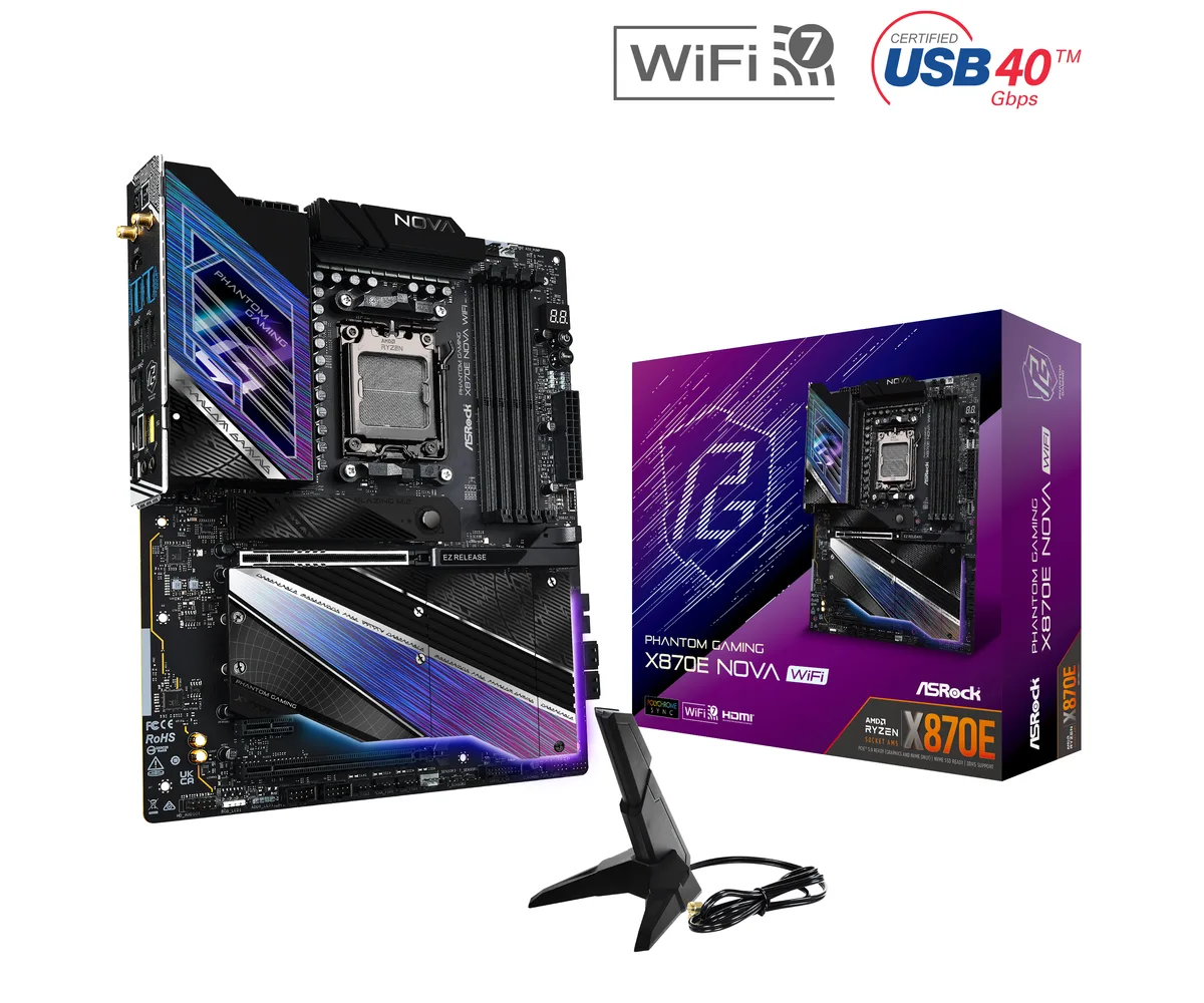 ATX motherboard with black and silver finish, four DDR5 slots, large heatsinks, rear I/O shield visible