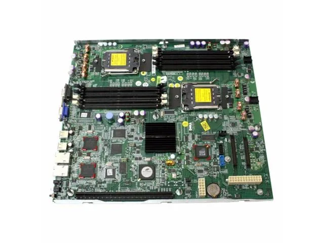 Dell PowerEdge SC1435 server motherboard, green PCB with dual CPU sockets, eight DDR2 slots, integrated ATI graphics