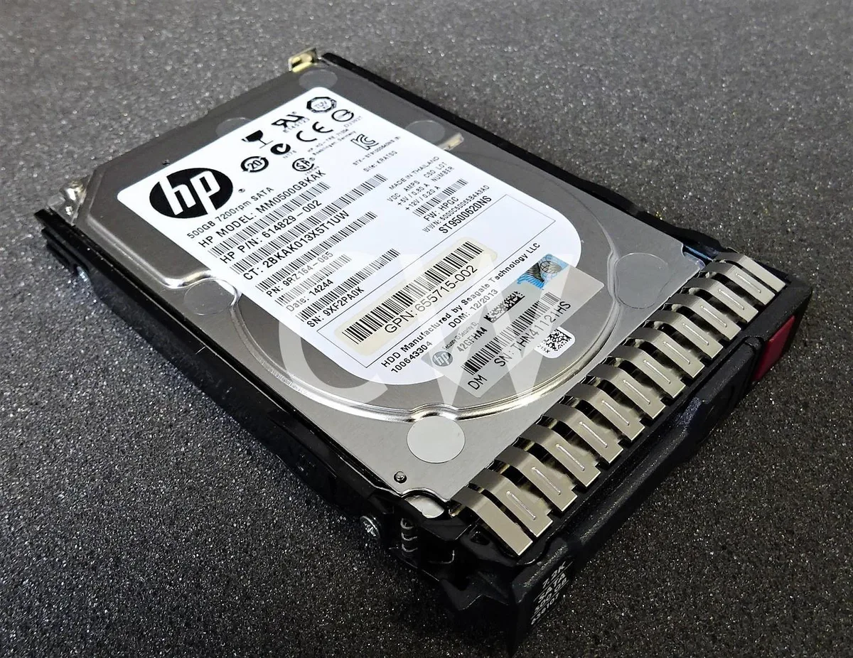 Silver 2.5 inch SATA hard drive mounted in black carrier tray
