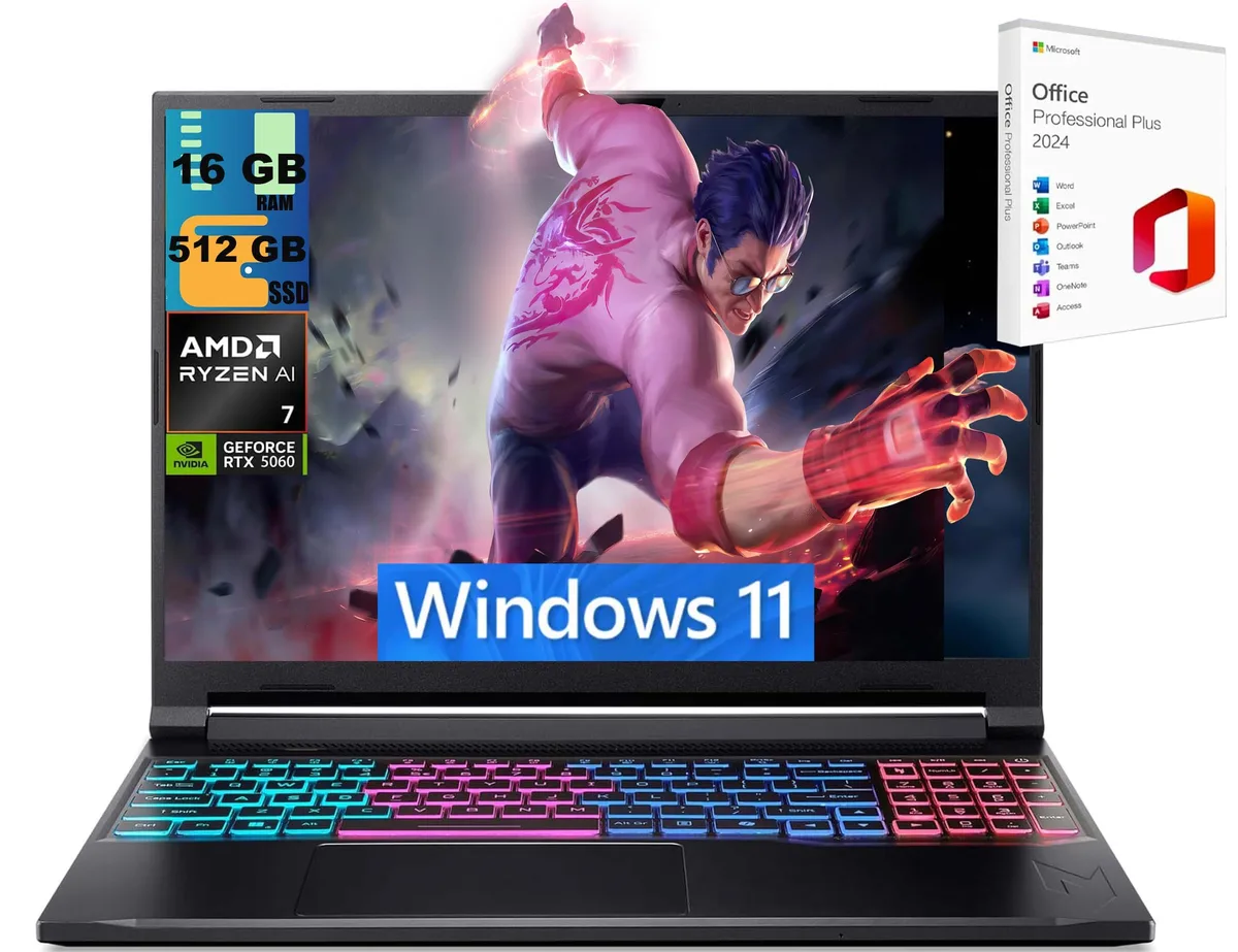 Black 16-inch gaming laptop with matte finish and RGB keyboard