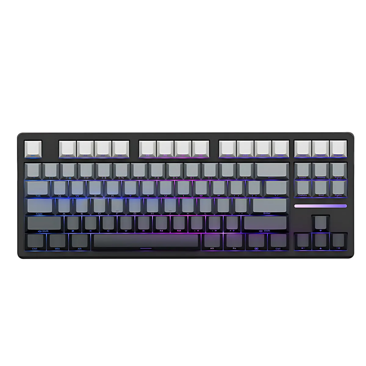 Compact black and grey 87-key mechanical keyboard with side-carved PBT keycaps and 10000 mAh battery