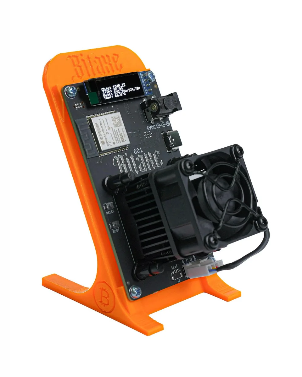 Small rectangular Bitcoin miner with black case, OLED screen and stand