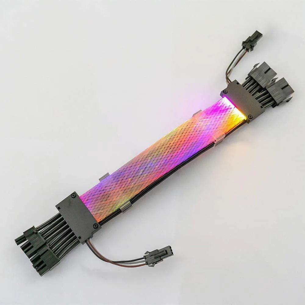 Two carbon-grey 6+2-pin cables with 144×.5 mm RGB braided sleeve