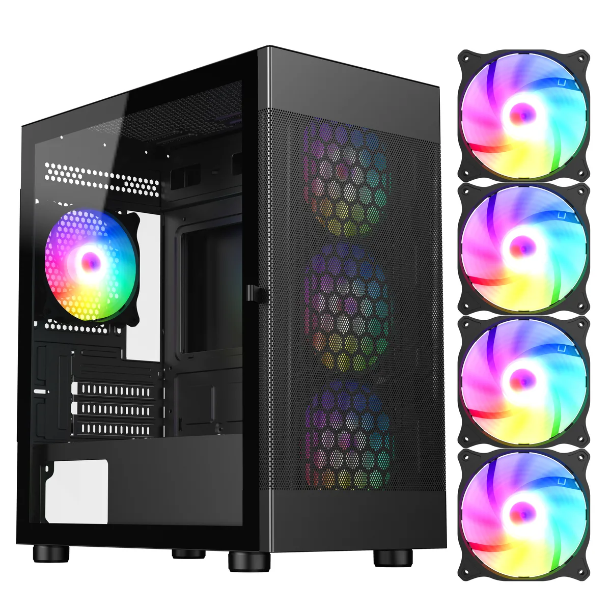 DIYPC DIYPC ARGB-G5-BK Micro ATX PC case, black, tempered glass, 4 ARGB fans — produktfoto