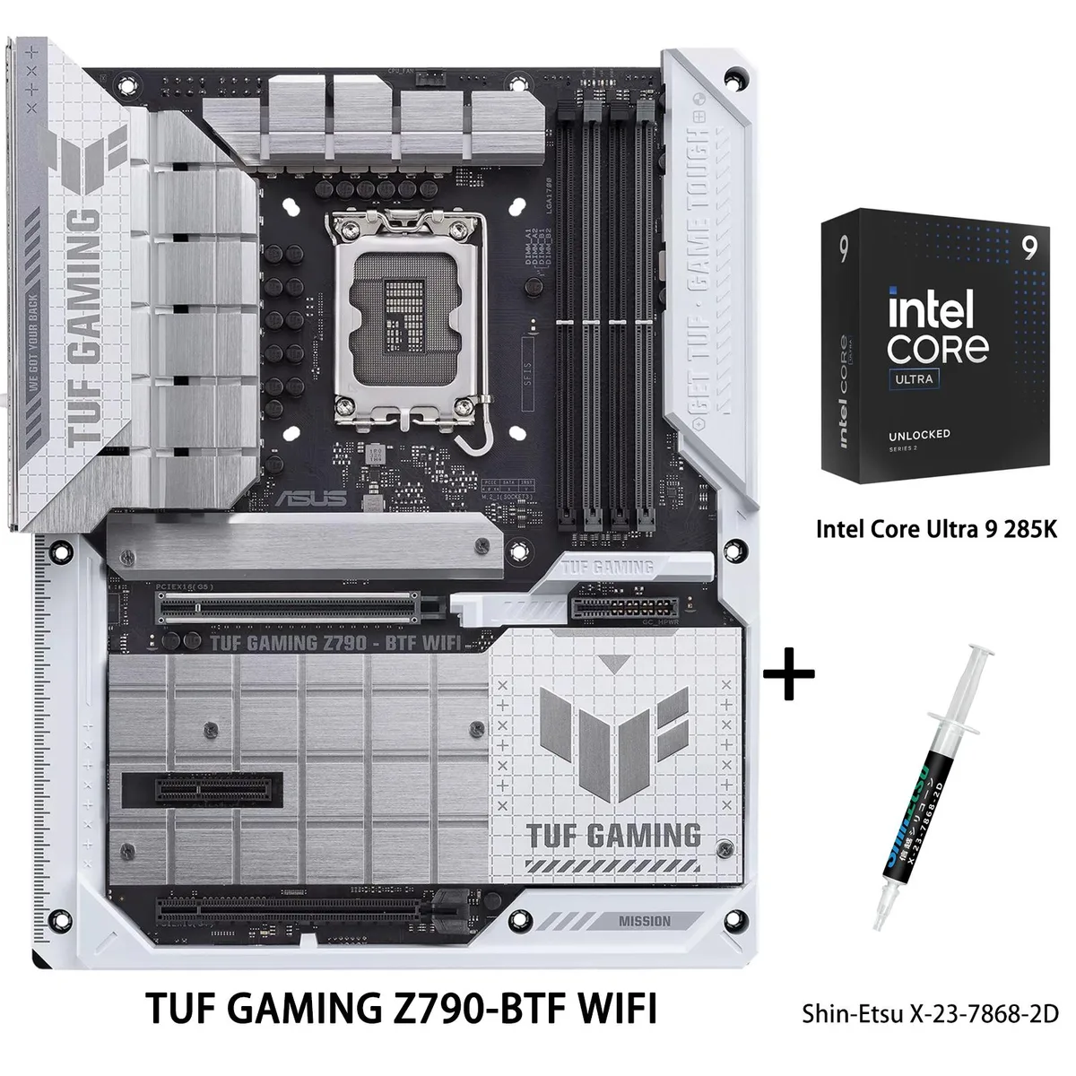 ASUS TUF Gaming Z790-BTF WIFI ATX motherboard with Intel Ultra 9 285K CPU and Shin-Etsu thermal grease tube