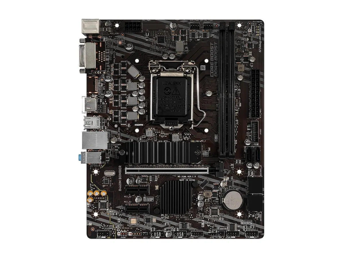 Dark green micro ATX motherboard with silver heatsinks, black PCB and rear I/O shield visible