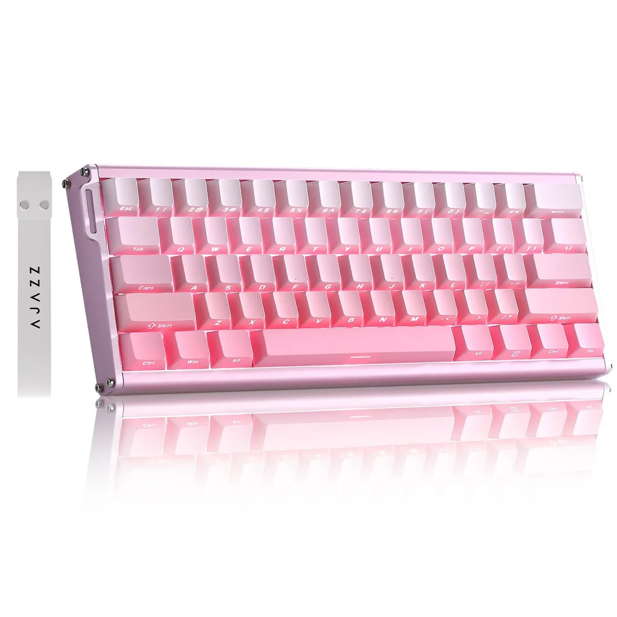 Pink 61-key aluminium gaming keyboard with side-printed PBT keycaps and RGB lighting