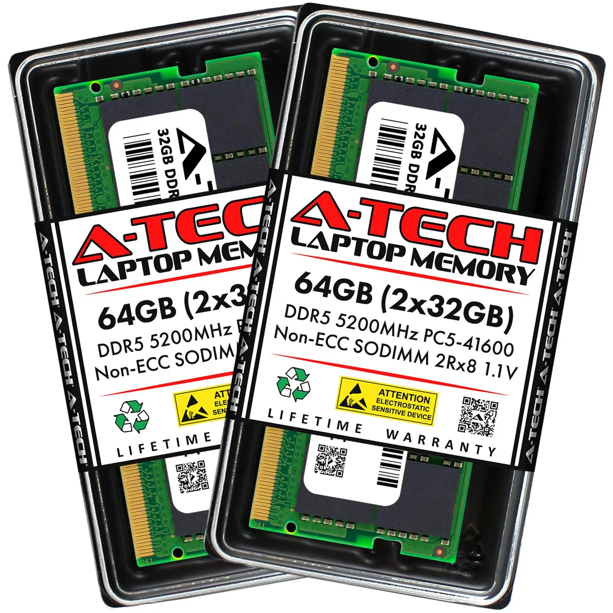 A-Tech A-Tech 64GB (2x32GB) DDR5 5200MHz CL42 1.1V 262-Pin SODIMM laptop RAM — photo du produit