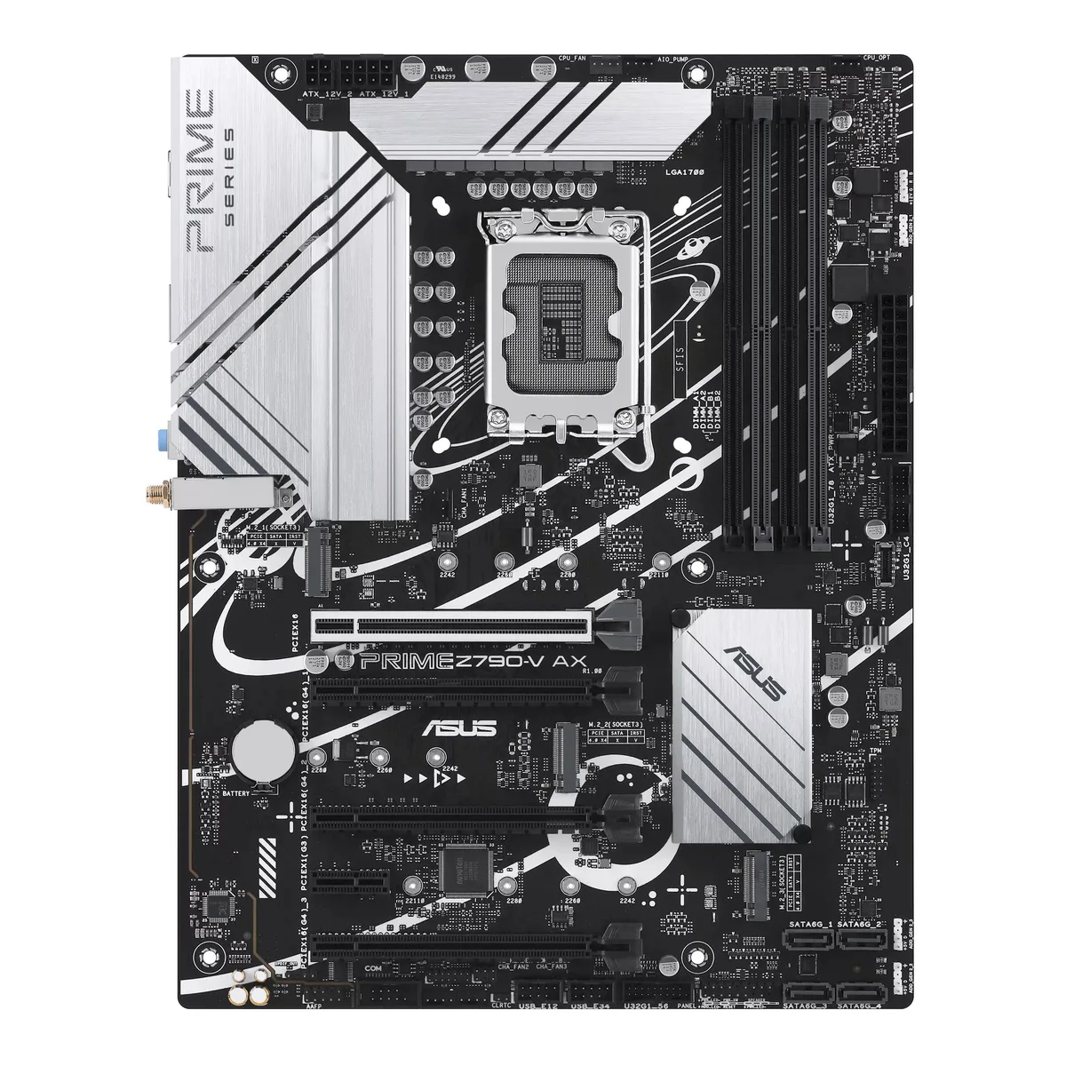 ATX motherboard with silver heatsinks and black PCB