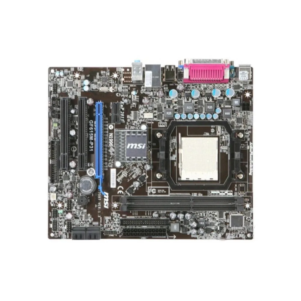 Green rectangular Micro ATX motherboard with silver AM3 socket, black PCI Express and PCI slots, blue SATA ports