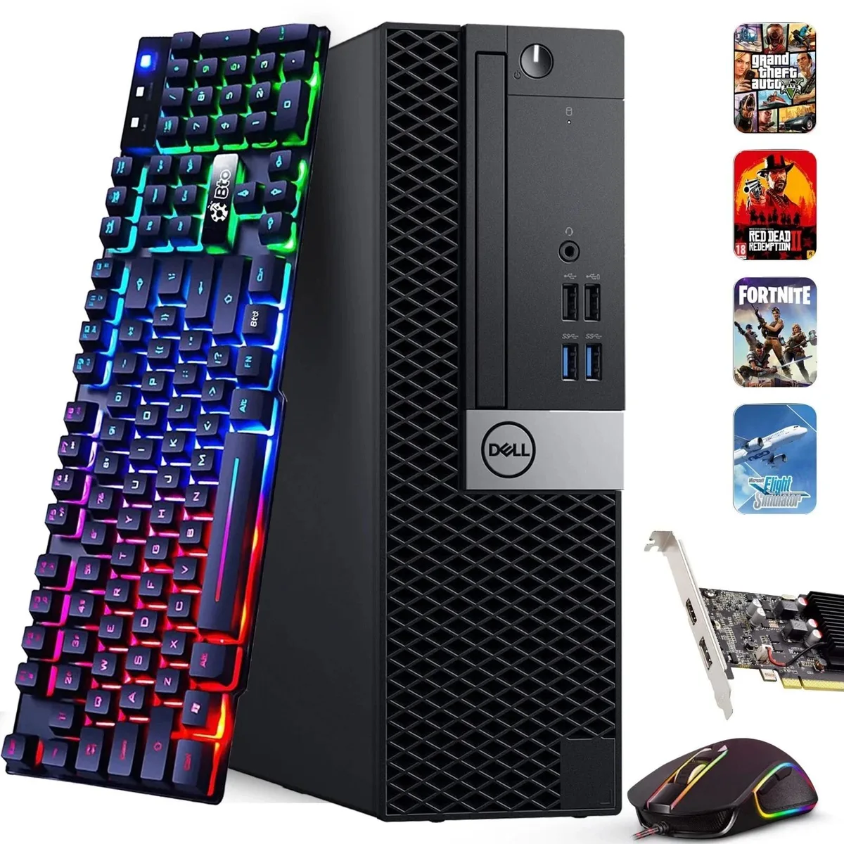 Compact black Dell 3070 small-form-factor tower with keyboard and mouse