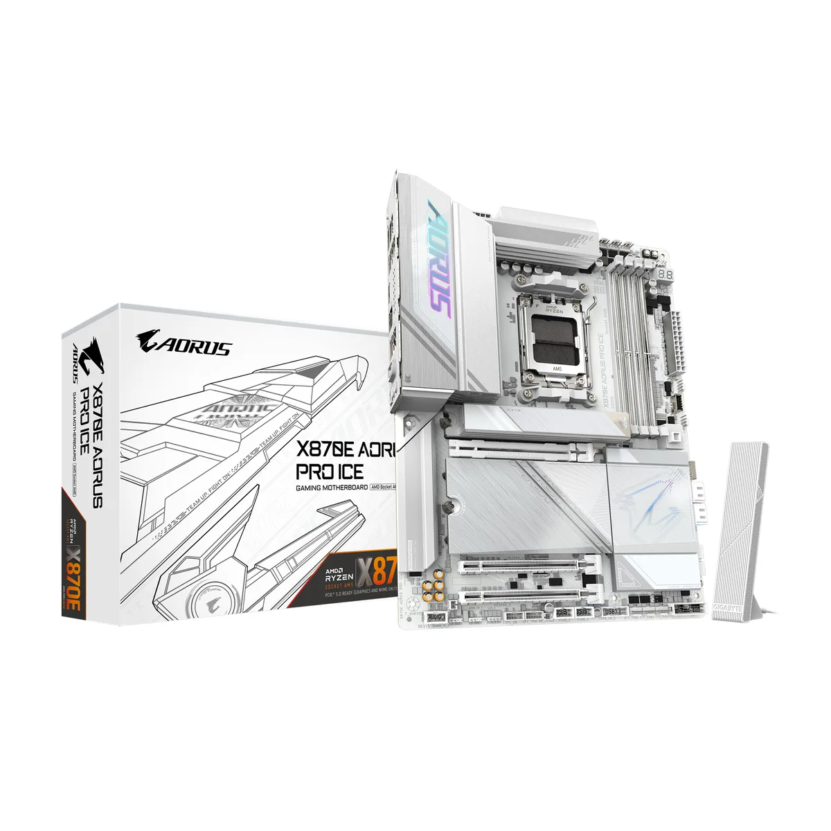 White ATX motherboard with silver heatsinks and rear I/O shield