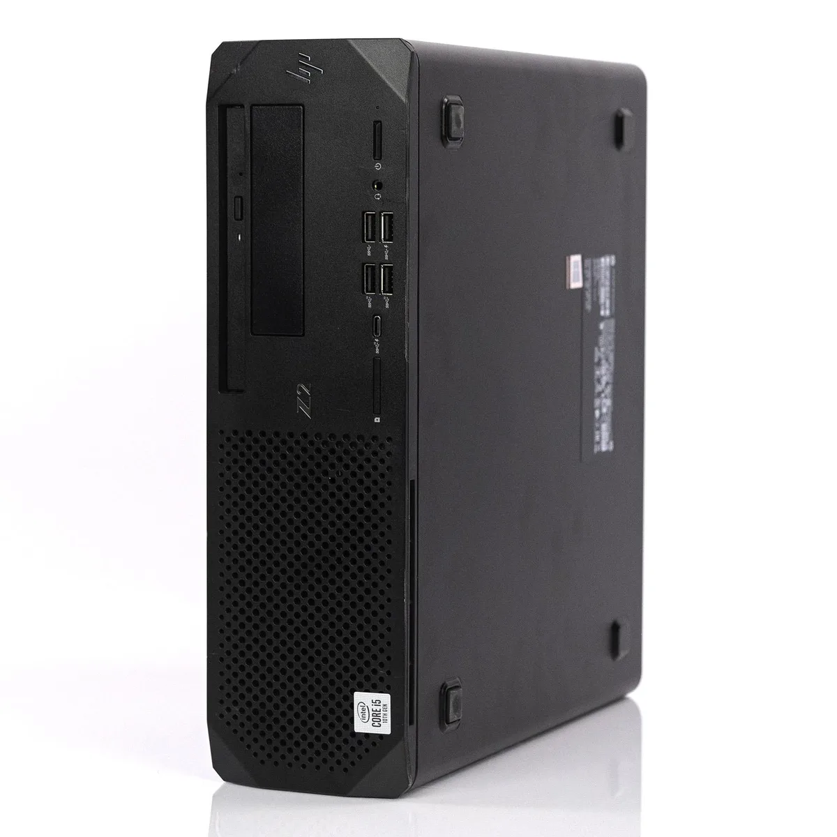 Compact silver desktop tower with front USB ports and ventilation grille