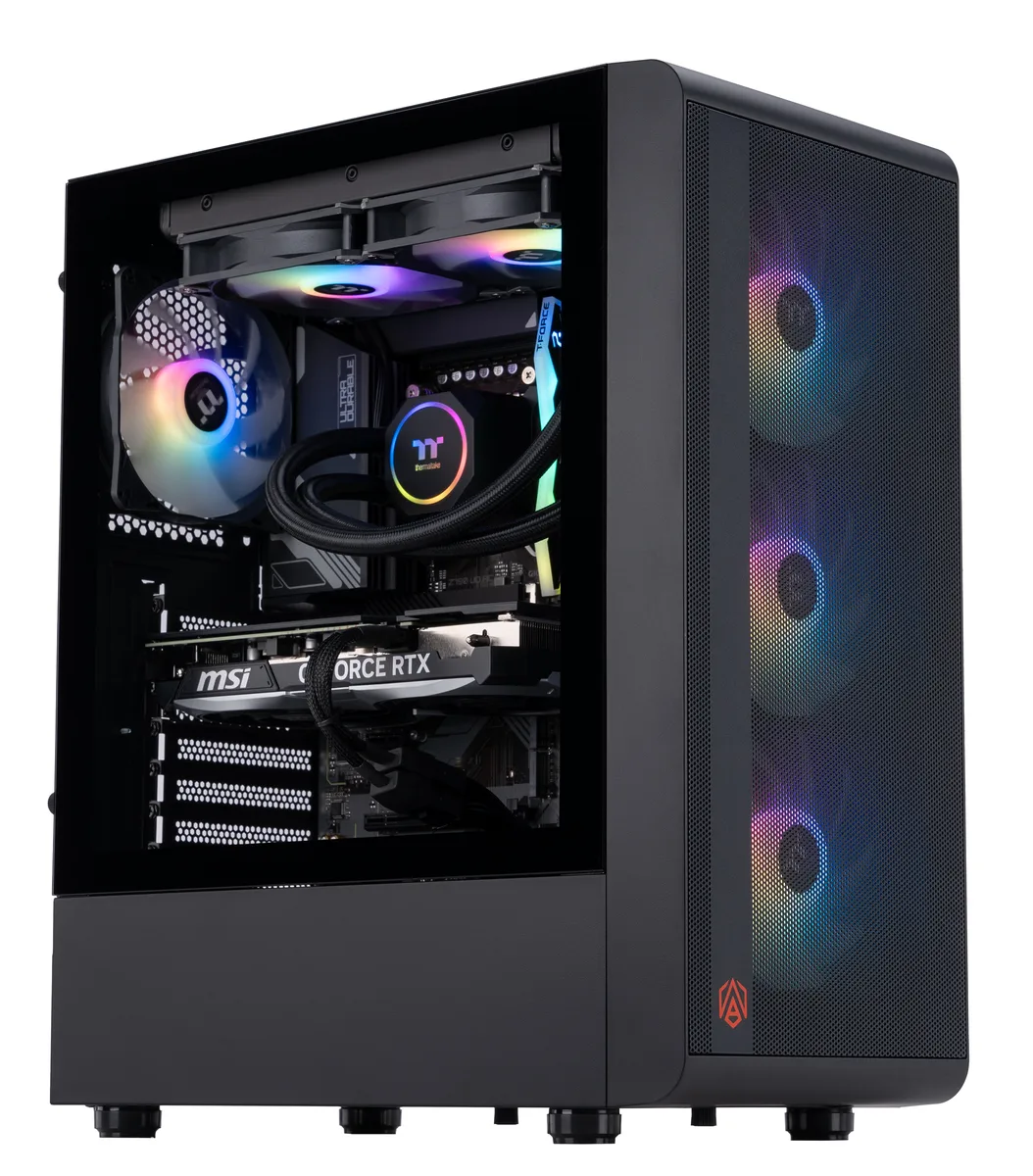 Black mid-tower gaming desktop with RGB liquid cooler and dual-fan graphics card