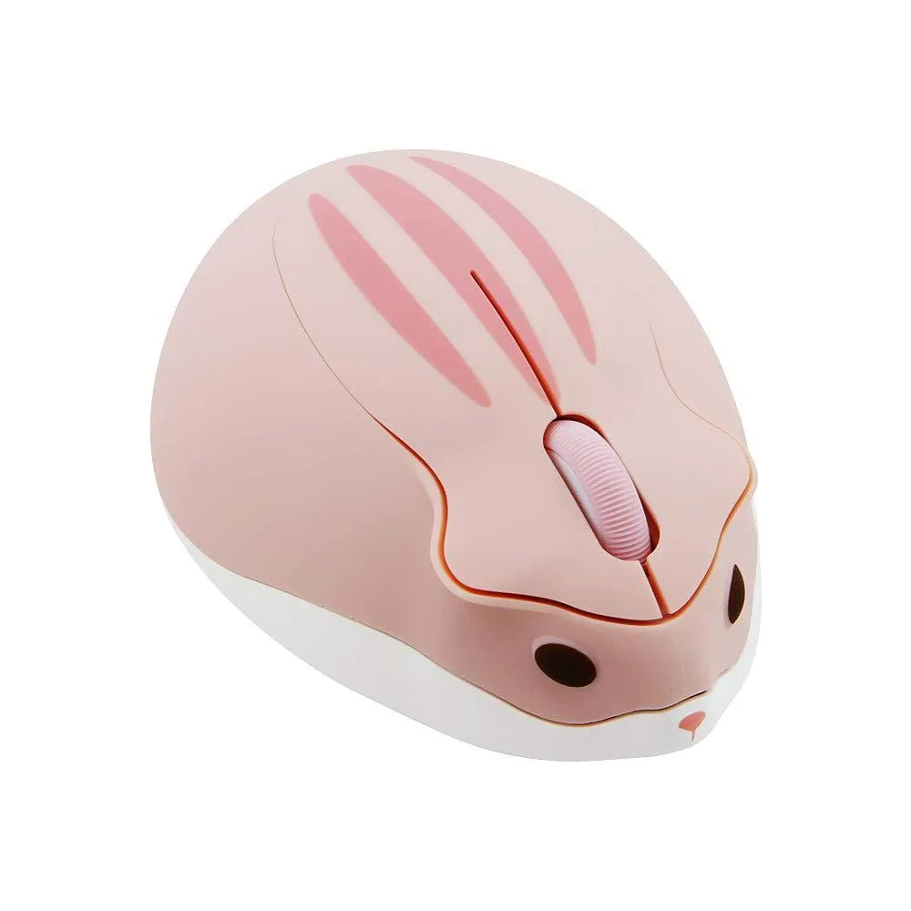 Pink hamster-shaped wireless mouse with ear buttons and head scroll wheel