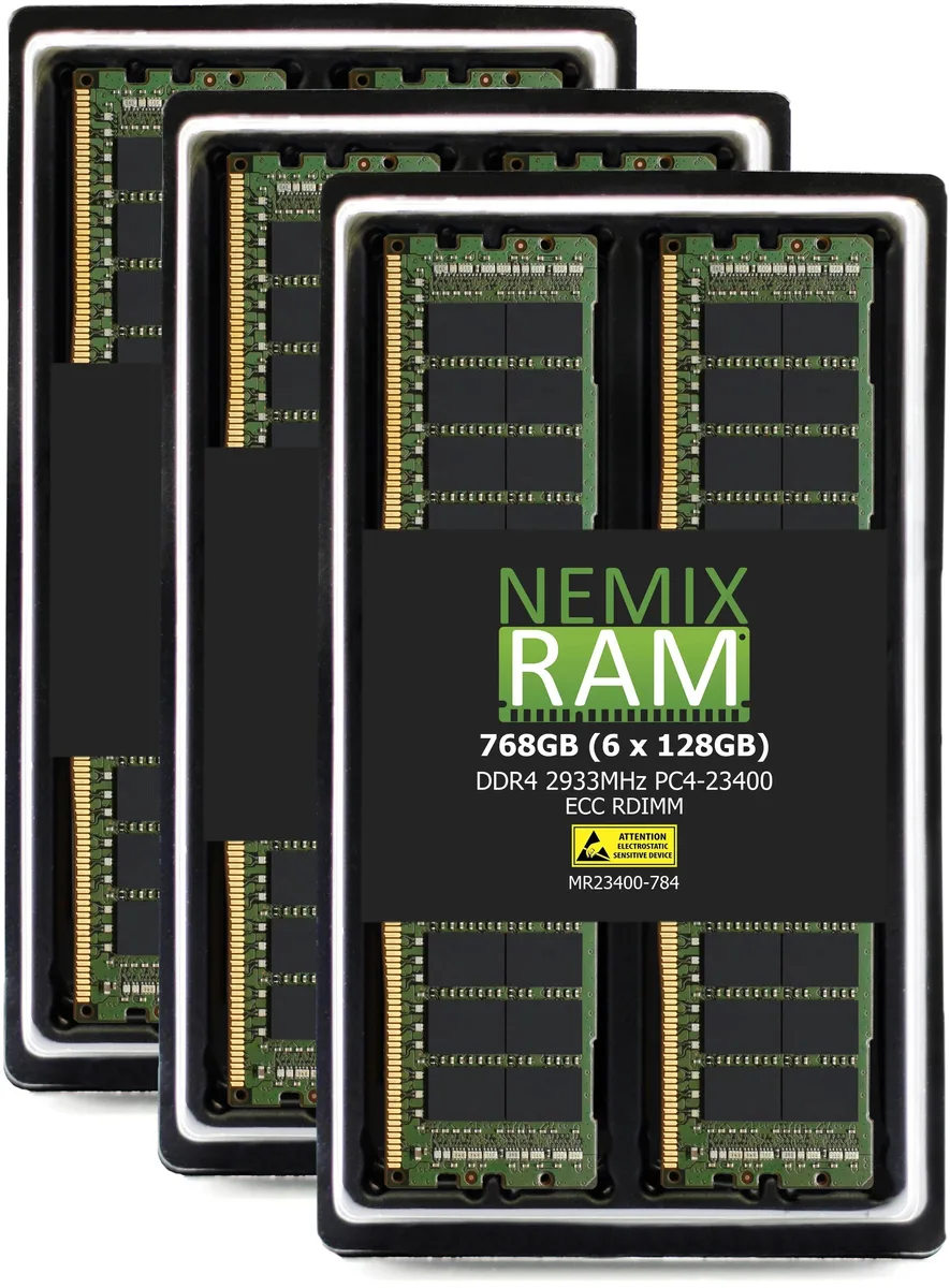 NEMIX RAM NEMIX RAM 768GB (6x128GB) DDR4 2933MHz PC4-23400 CL21 1.2V 288-Pin ECC RDIMM Server RAM — photo du produit