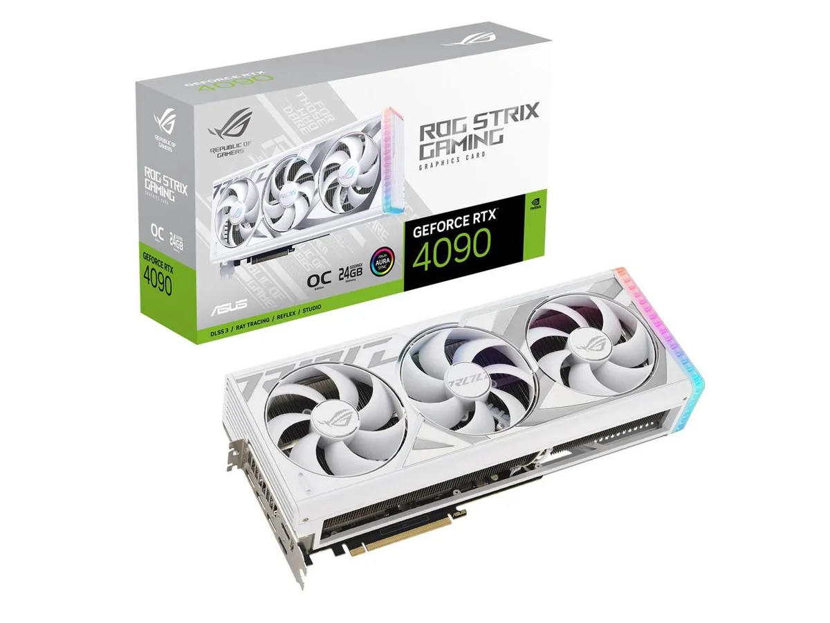 White triple-fan graphics card, 3.5-slot design, diecast shroud and vented backplate