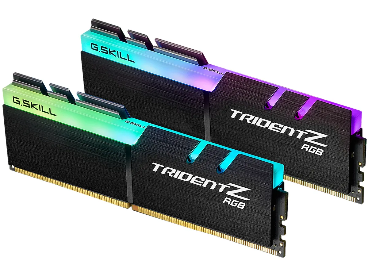 Two black DDR4 sticks with exposed RGB light bars and finned aluminium heatspreaders