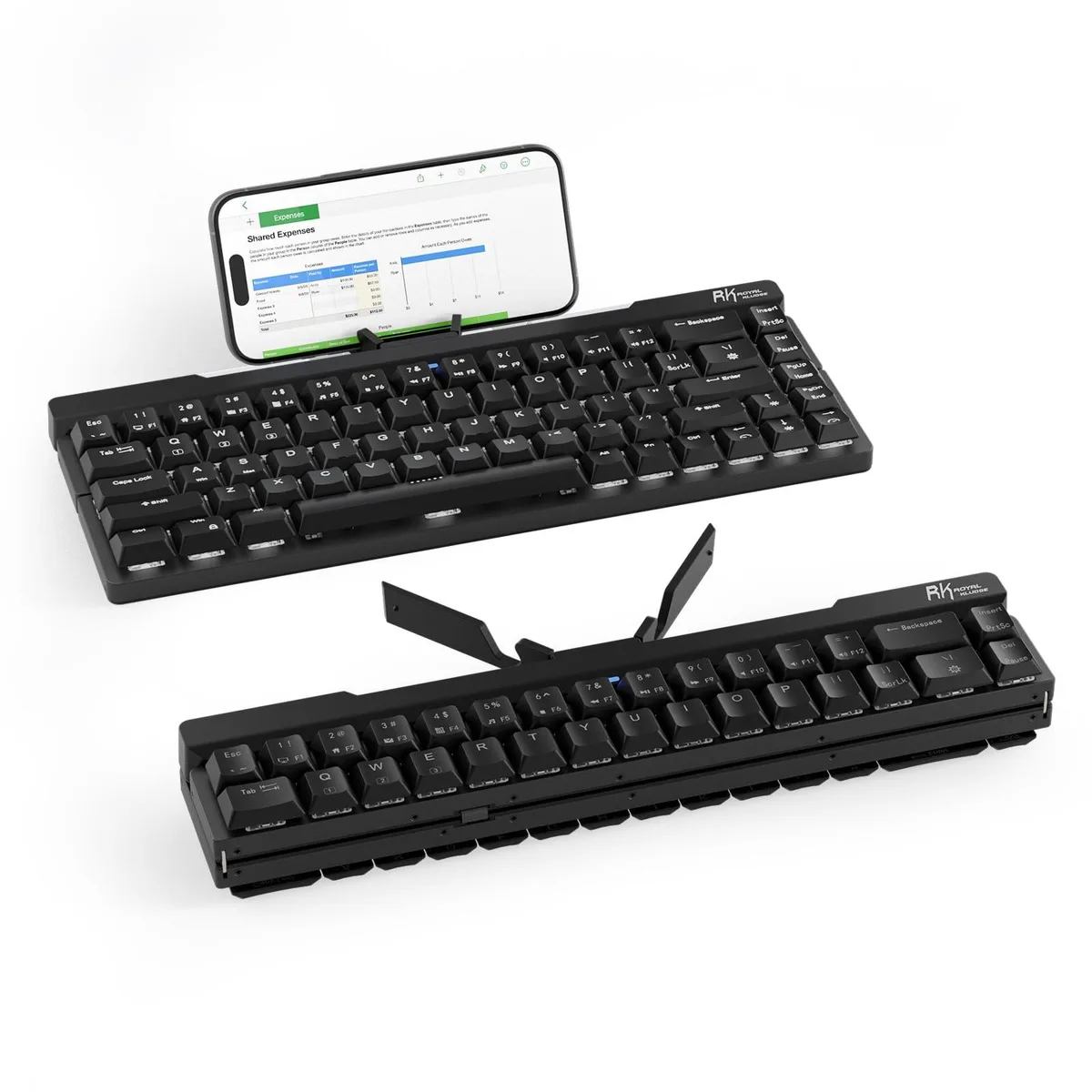 Foldable 60 percent aluminum mechanical keyboard, 68 keys, black, white backlit, built-in stand holder
