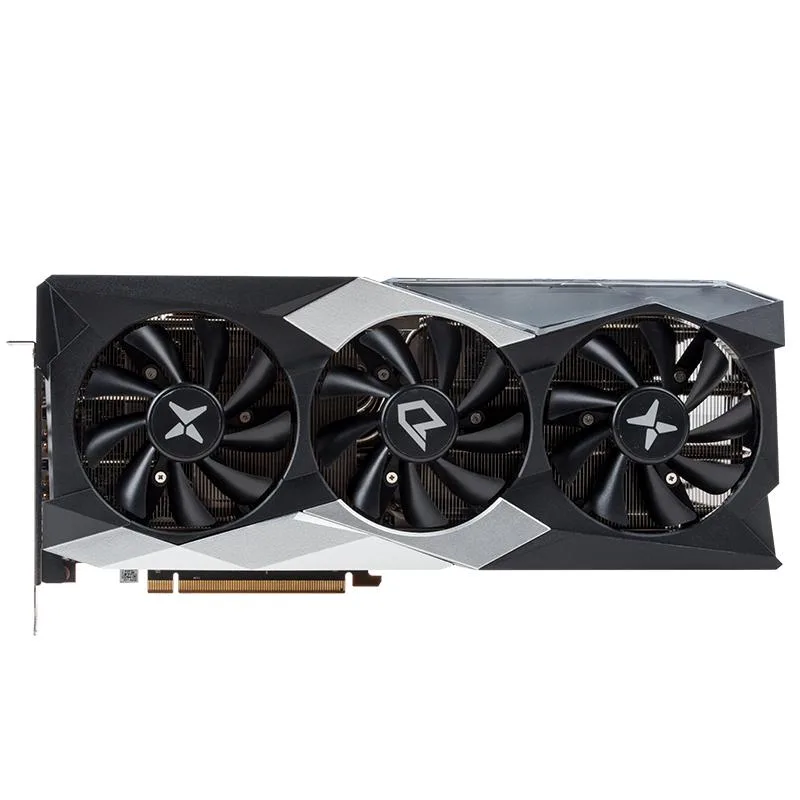 Triple-slot graphics card in dark finish with three fans and a metal backplate