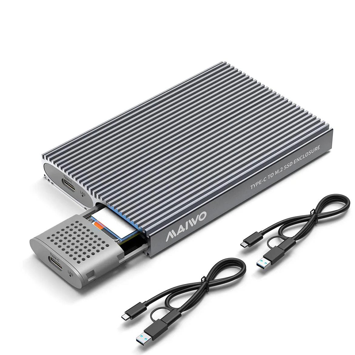 Grey aluminium two-bay M.2 NVMe enclosure with USB-C cable