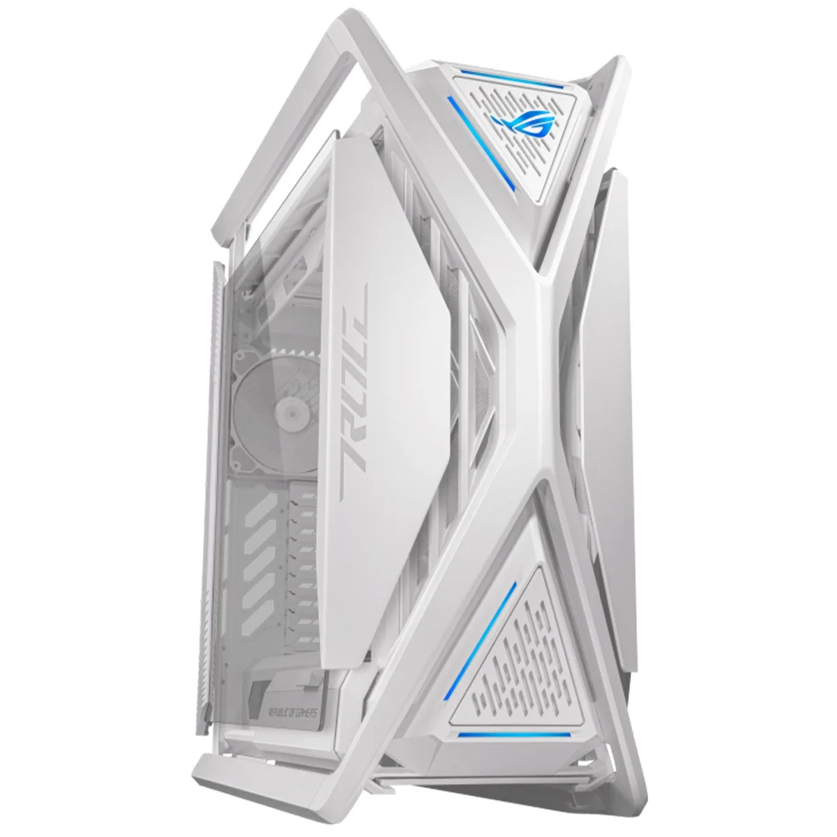 White full-tower case with aluminium X frame and tempered glass side panels