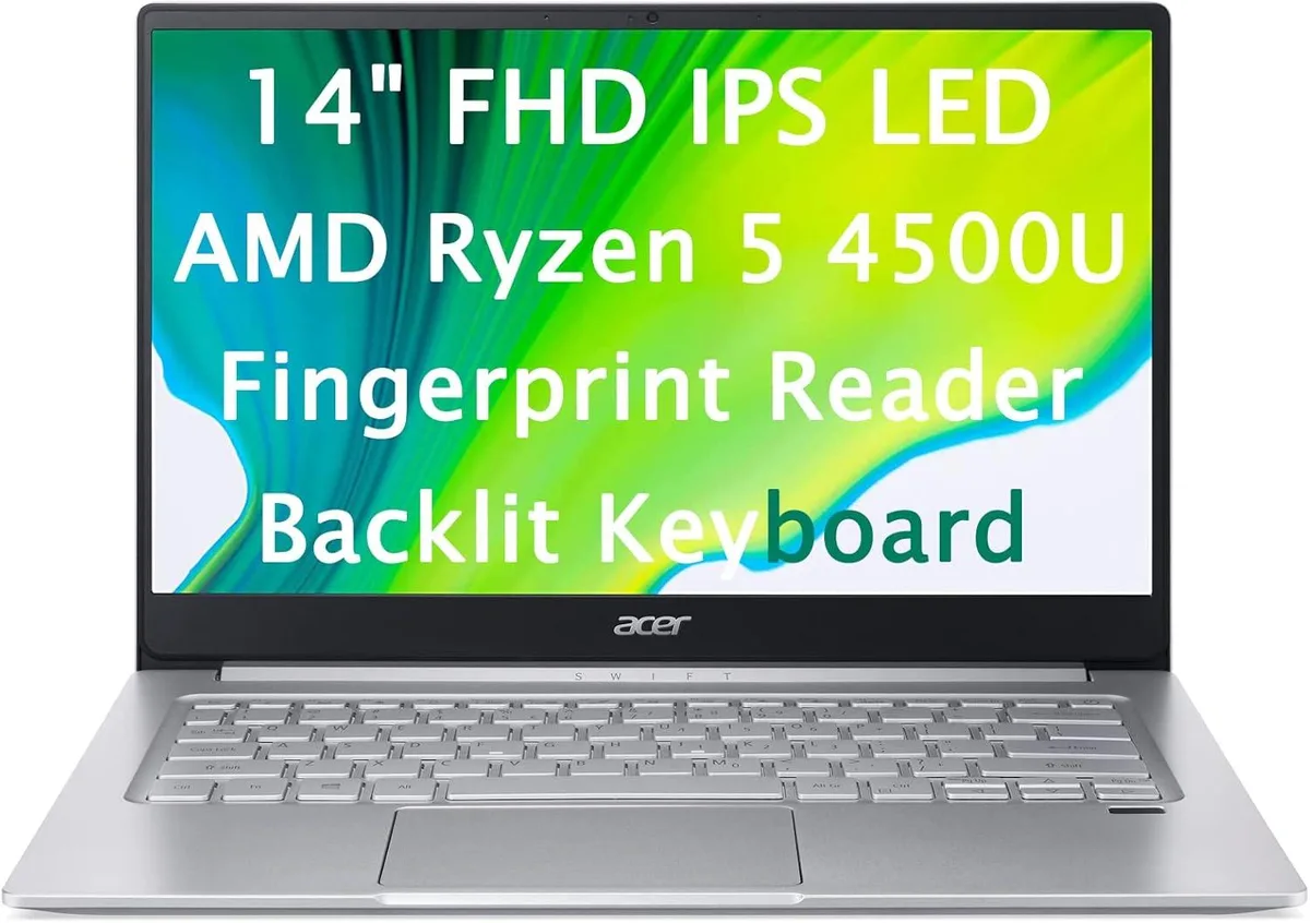 Silver 14 inch laptop with backlit keyboard and fingerprint reader
